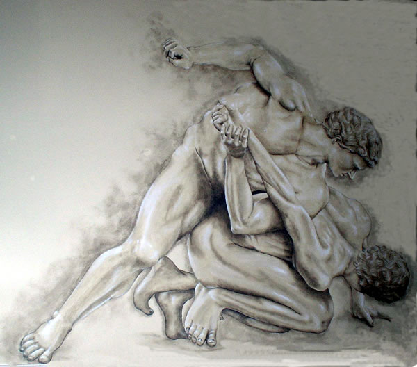 Mural of Greek wrestlers painted in a gym
