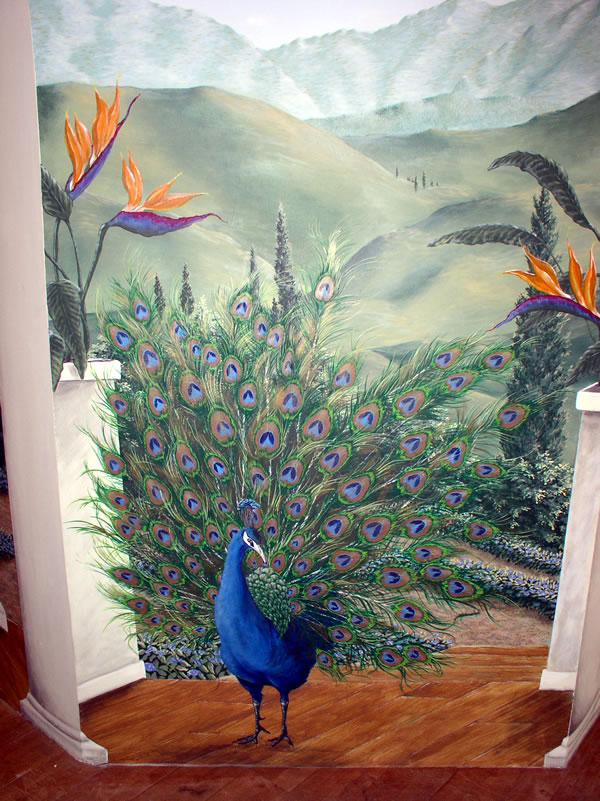 Mural of a peacock painted in a business