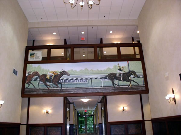 Mural of Seattle Slew painted in a foyer